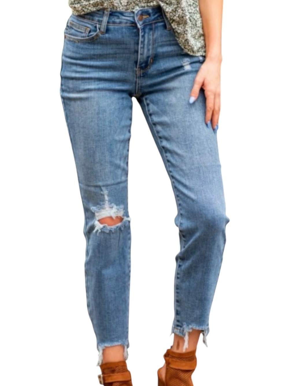 Judy Blue Medium Blue High-Rise Slim Straight Leg Distressed Jeans 13/31